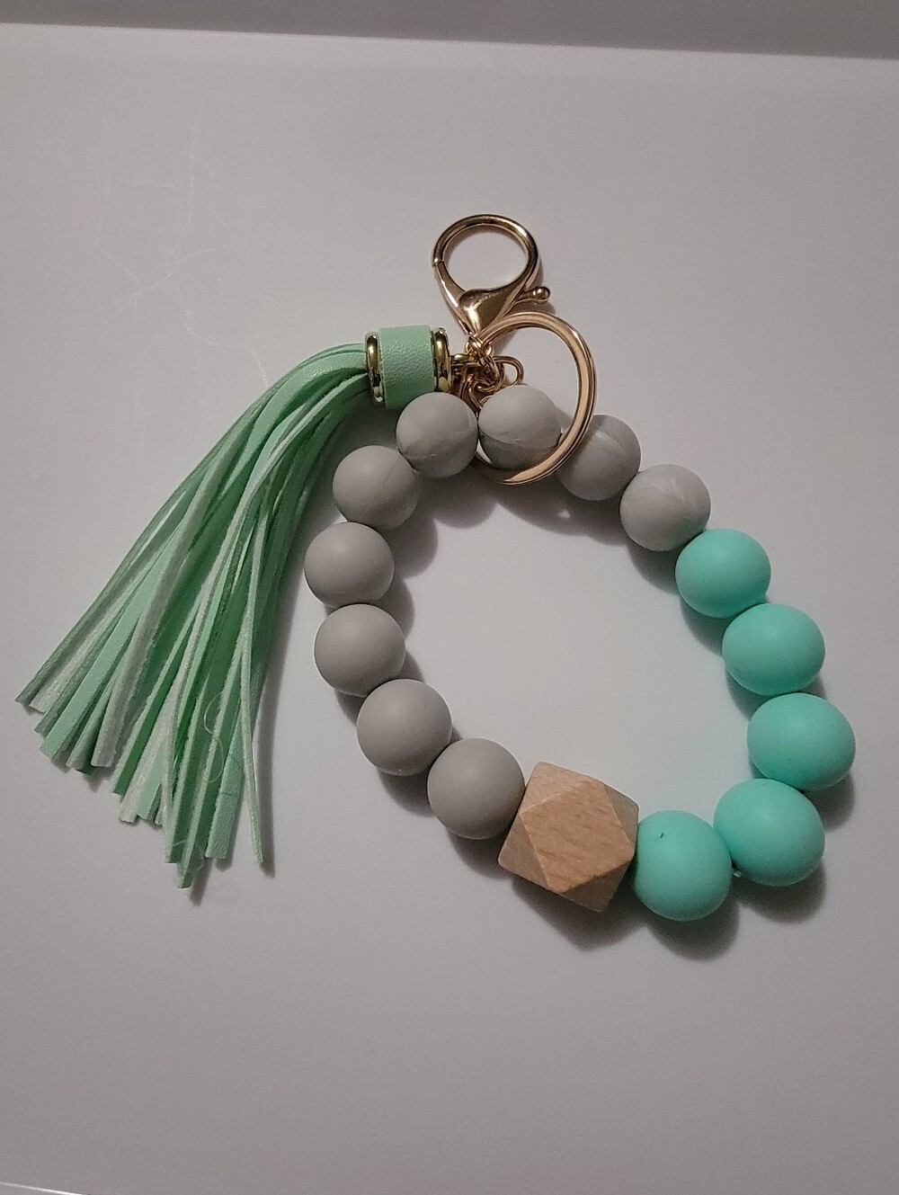 Source Unknown Mint and Gray Beaded Tassel Keychain Bracelet